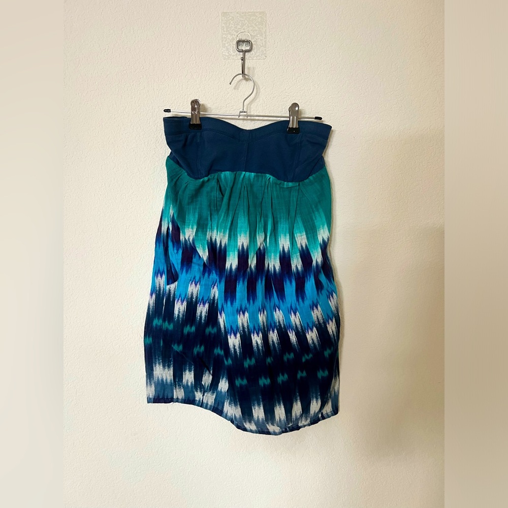 Billabong- blue, turquoise, and white strapless summer dress; size S
